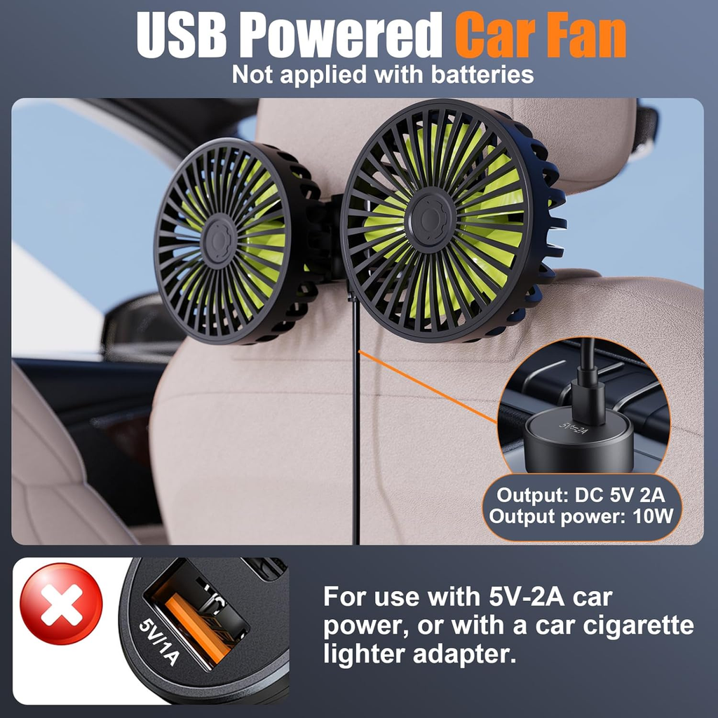 USB Car Cooling Fans for Backseat: Dual Head Car Fan for Kids 3 Speeds 360° Rotatable Vehicle Rear Headrest Fans 5V/2A Powerful Electric Air Circulation Fan for Sedan SUV RV Truck fyrasol