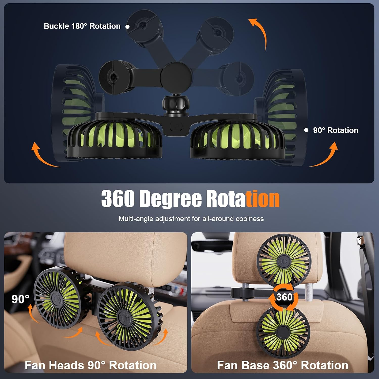 USB Car Cooling Fans for Backseat: Dual Head Car Fan for Kids 3 Speeds 360° Rotatable Vehicle Rear Headrest Fans 5V/2A Powerful Electric Air Circulation Fan for Sedan SUV RV Truck fyrasol