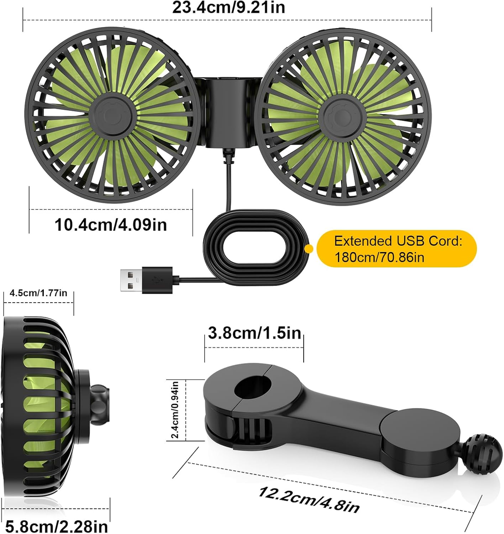 USB Car Cooling Fans for Backseat: Dual Head Car Fan for Kids 3 Speeds 360° Rotatable Vehicle Rear Headrest Fans 5V/2A Powerful Electric Air Circulation Fan for Sedan SUV RV Truck fyrasol