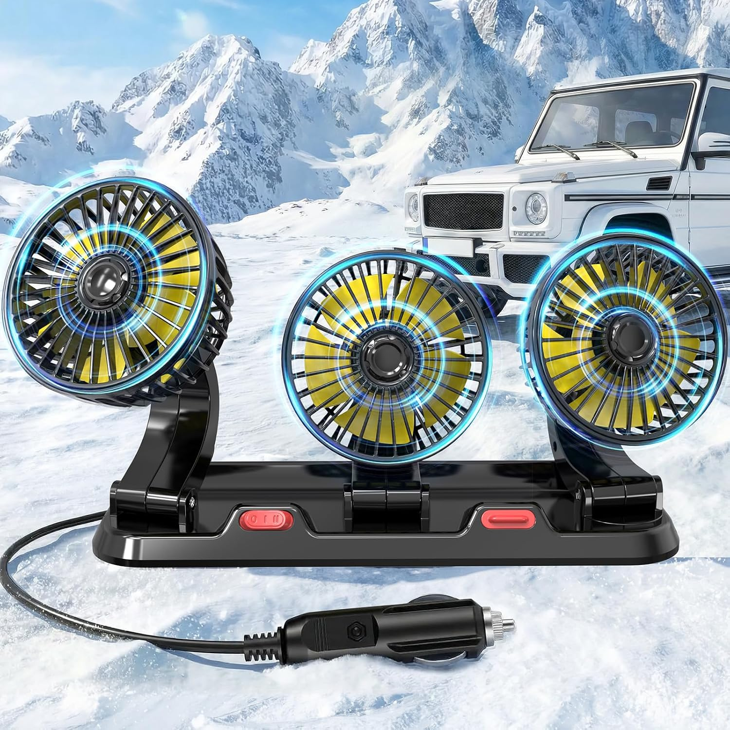 Portable 3-Head Car Cooling Fan, Fans for Vehicles Cars Trucks Dashboard (Cigarette Lighter Plug, No Battery) fyrasol