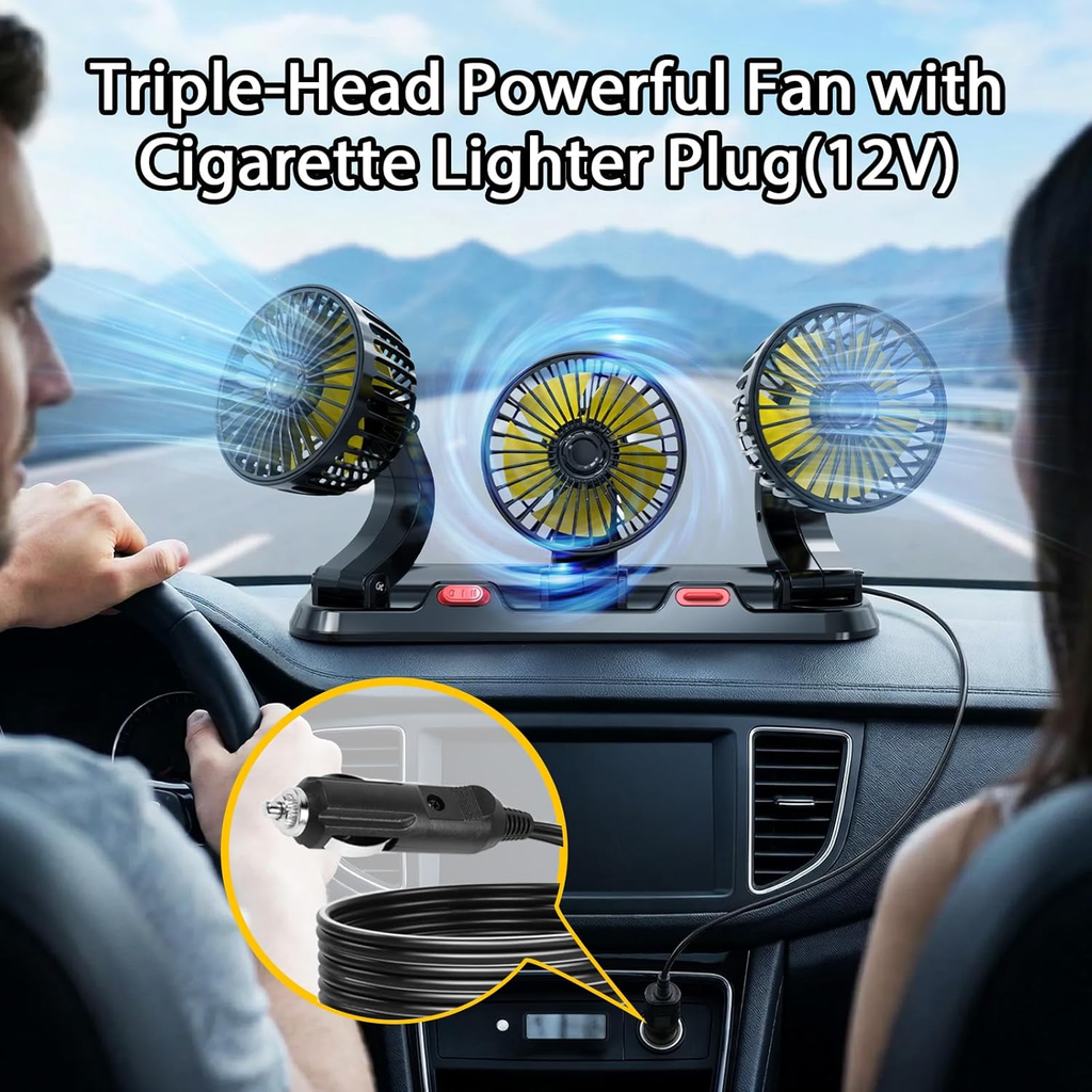 Portable 3-Head Car Cooling Fan, Fans for Vehicles Cars Trucks Dashboard (Cigarette Lighter Plug, No Battery) fyrasol