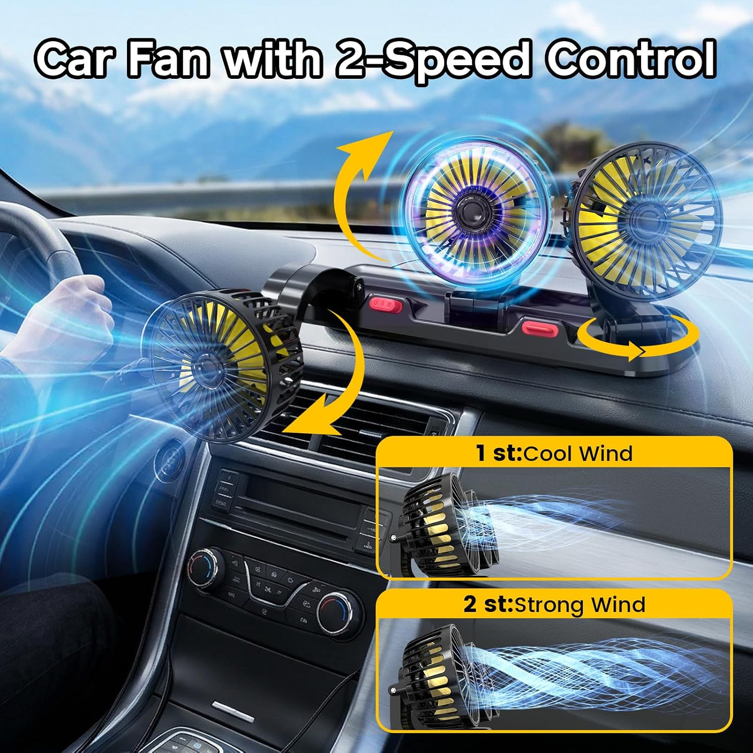 Portable 3-Head Car Cooling Fan, Fans for Vehicles Cars Trucks Dashboard (Cigarette Lighter Plug, No Battery) fyrasol
