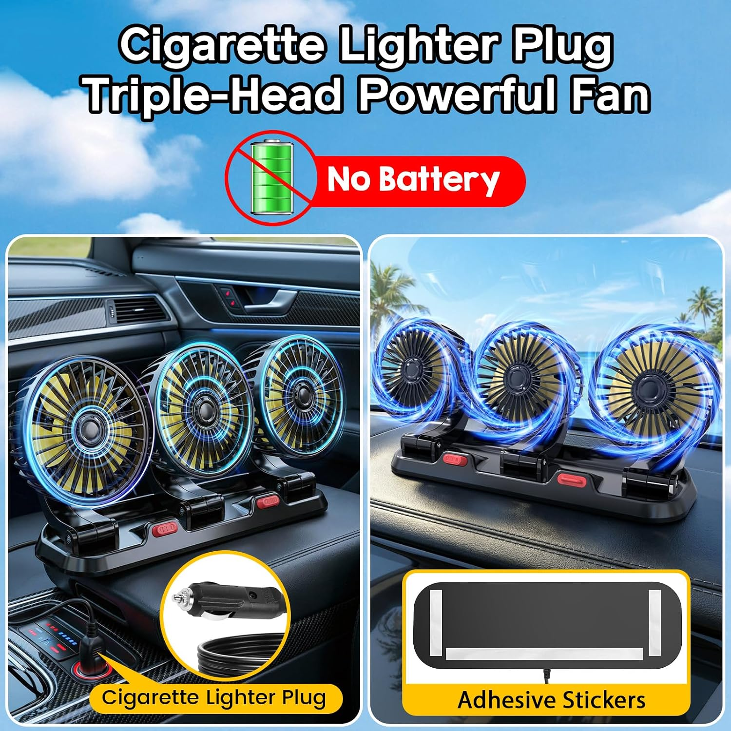 Portable 3-Head Car Cooling Fan, Fans for Vehicles Cars Trucks Dashboard (Cigarette Lighter Plug, No Battery) fyrasol