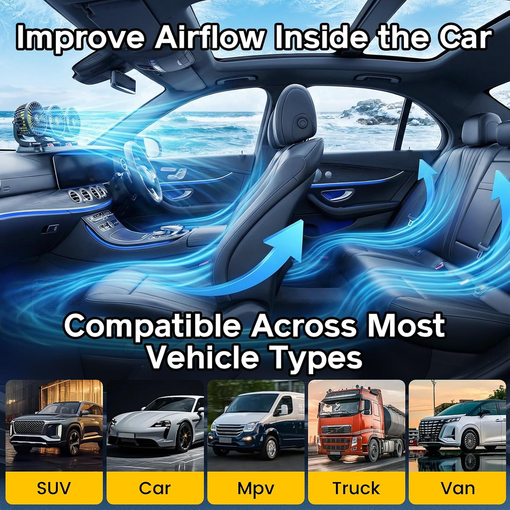 Portable 3-Head Car Cooling Fan, Fans for Vehicles Cars Trucks Dashboard (Cigarette Lighter Plug, No Battery) fyrasol