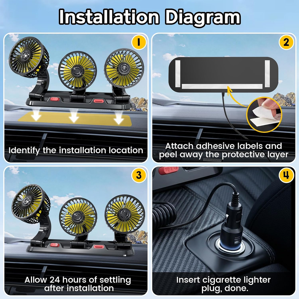 Portable 3-Head Car Cooling Fan, Fans for Vehicles Cars Trucks Dashboard (Cigarette Lighter Plug, No Battery) fyrasol