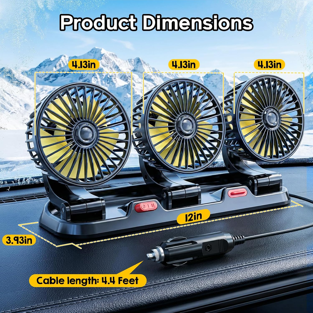Portable 3-Head Car Cooling Fan, Fans for Vehicles Cars Trucks Dashboard (Cigarette Lighter Plug, No Battery) fyrasol