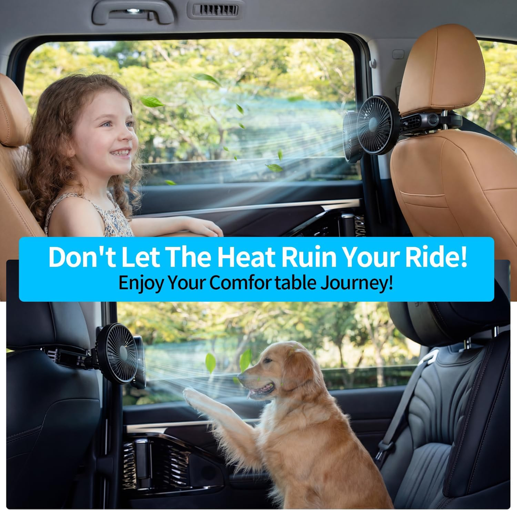Car Fan for Backseat - 3 Speeds 360° Rotation Dual Head USB Back Seat Cooling Fan Kids Baby Quiet Fan with LED Display for Almost Vehicle Jeep Van RV Truck fyrasol