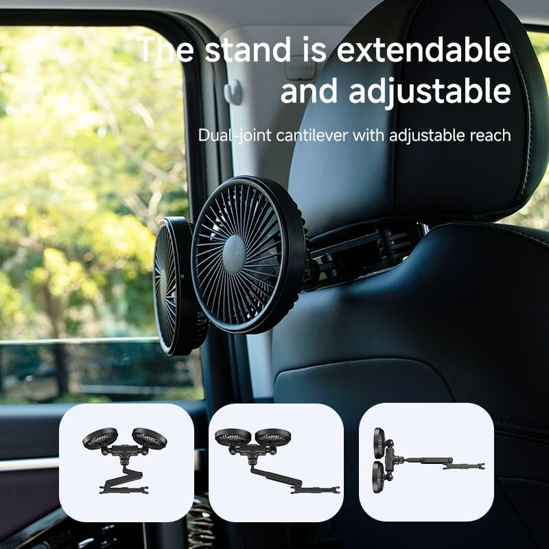Car Fan for Backseat - 3 Speeds 360° Rotation Dual Head USB Back Seat Cooling Fan Kids Baby Quiet Fan with LED Display for Almost Vehicle Jeep Van RV Truck fyrasol