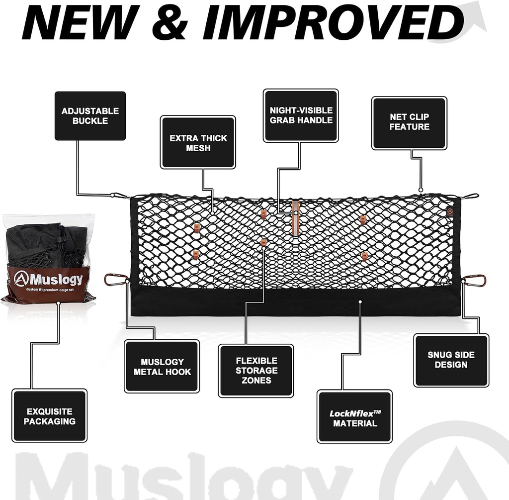 Truck Bed Cargo Net Trunk Netting Compatible with 2013-2026 Chevy Silverado & GMC Sierra 1500/2500HD/3500HD Accessories, Pickup Cargo Organizer SUV Sedan Storage Net w/Heavy Duty Carabiners fyrasol