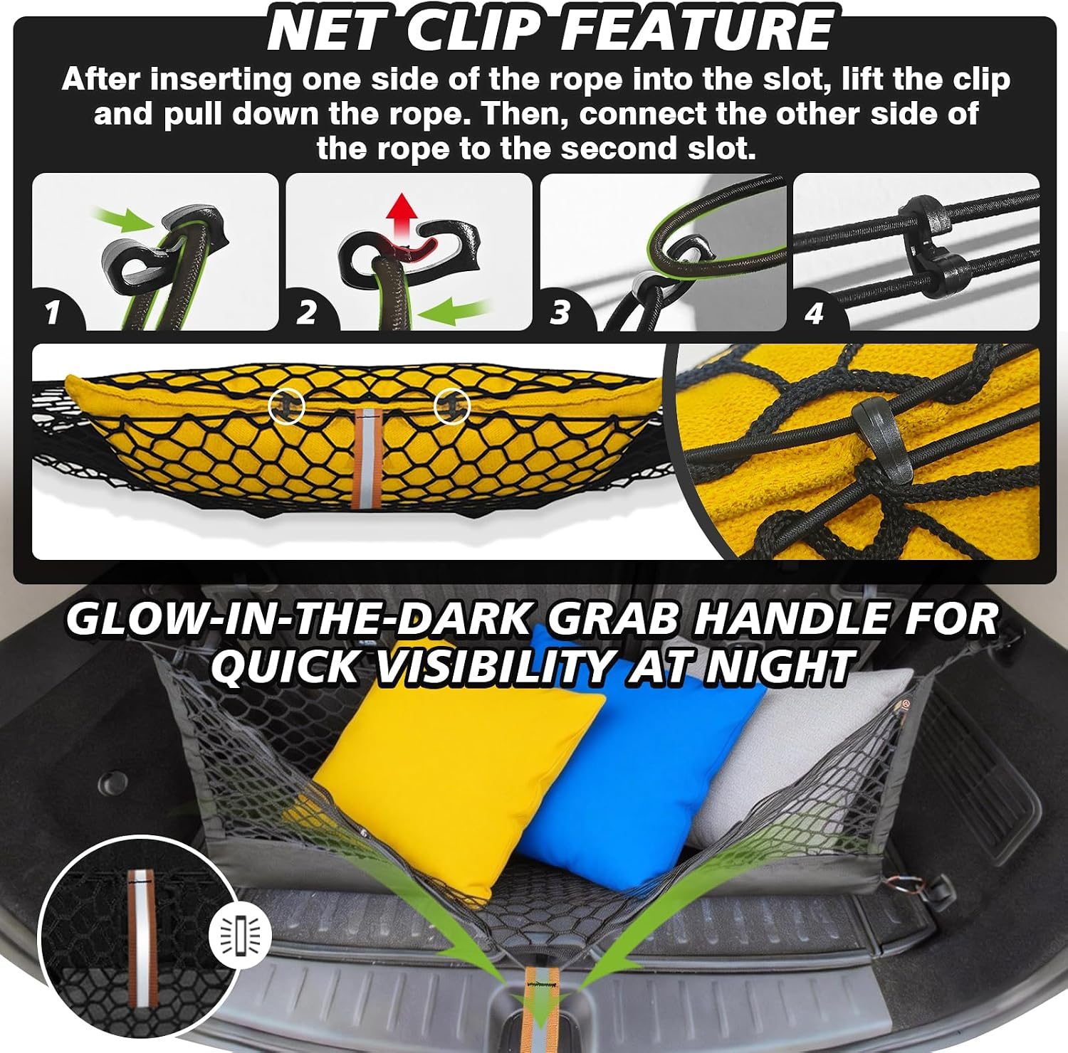 Truck Bed Cargo Net Trunk Netting Compatible with 2013-2026 Chevy Silverado & GMC Sierra 1500/2500HD/3500HD Accessories, Pickup Cargo Organizer SUV Sedan Storage Net w/Heavy Duty Carabiners fyrasol